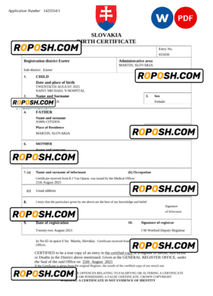 Slovakia birth certificate Word and PDF template, completely editable