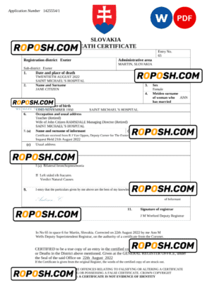 Slovakia death certificate Word and PDF template, completely editable