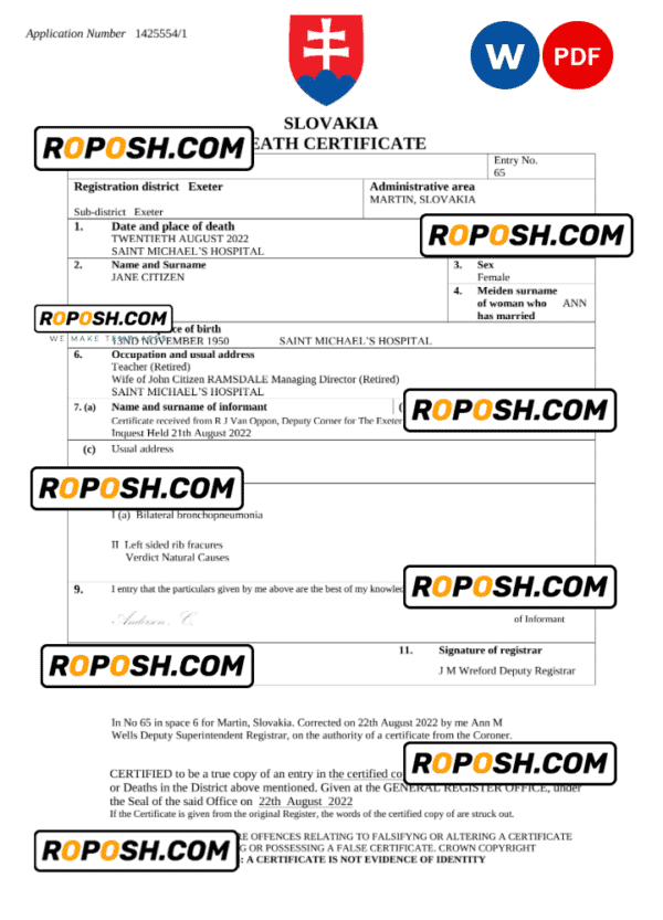 Slovakia death certificate Word and PDF template, completely editable