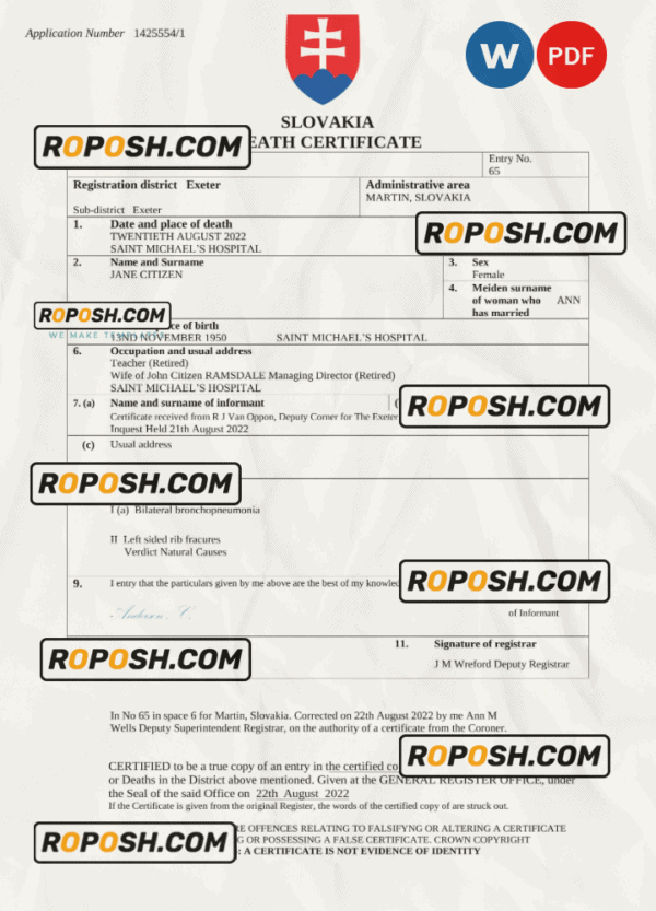 Slovakia death certificate Word and PDF template, completely editable
