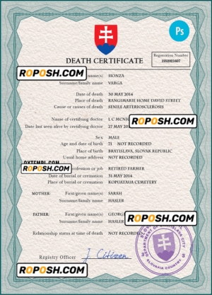 Slovakia vital record death certificate PSD template