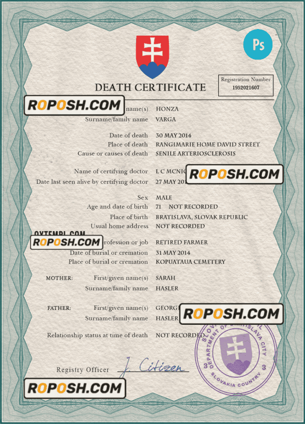Slovakia vital record death certificate PSD template
