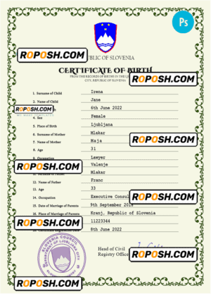 Slovenia birth certificate PSD template, completely editable