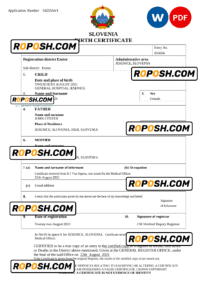 Slovenia birth certificate Word and PDF template, completely editable