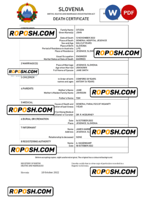 Slovenia vital record death certificate Word and PDF template