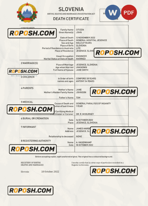 Slovenia vital record death certificate Word and PDF template