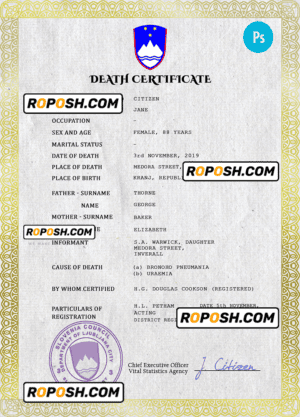 Slovenia death certificate PSD template, completely editable
