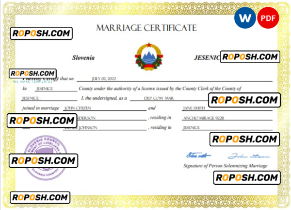 Slovenia marriage certificate Word and PDF template, fully editable