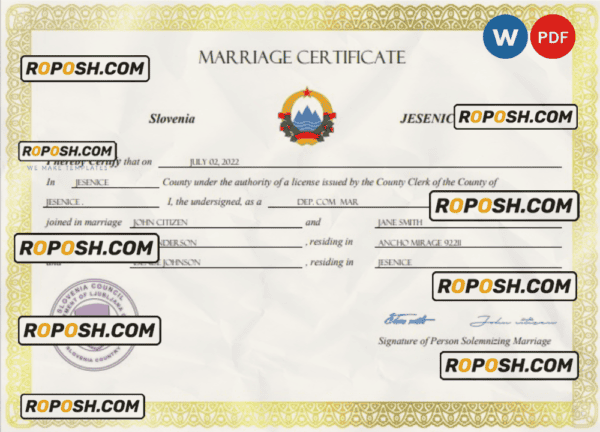 Slovenia marriage certificate Word and PDF template, fully editable