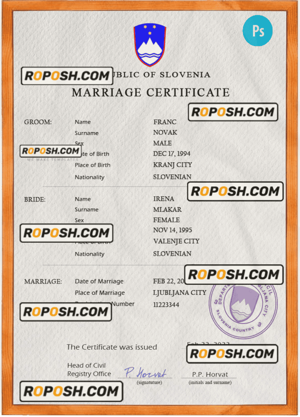 Slovenia marriage certificate PSD template, completely editable