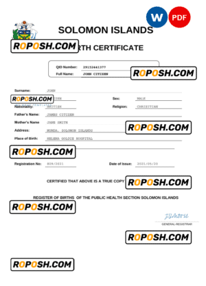 Solomon Islands vital record birth certificate Word and PDF template, completely editable