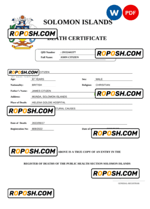 Solomon Islands vital record death certificate Word and PDF template