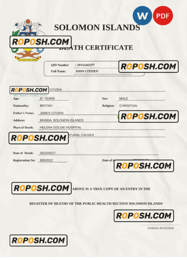 Solomon Islands vital record death certificate Word and PDF template