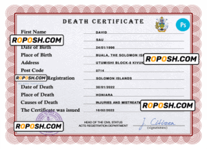 Solomon vital record death certificate PSD template, fully editable