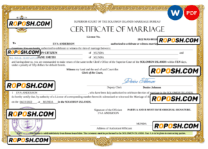 Solomon Islands marriage certificate Word and PDF template, completely editable