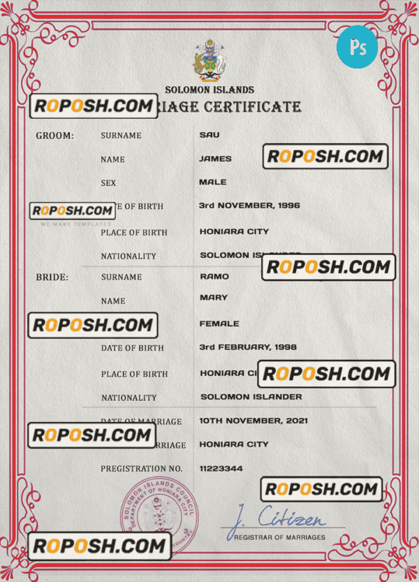 Solomon Islands marriage certificate PSD template, completely editable