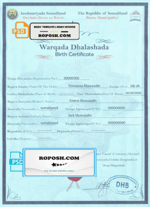 Somalia birth certificate template in PSD format, fully editable