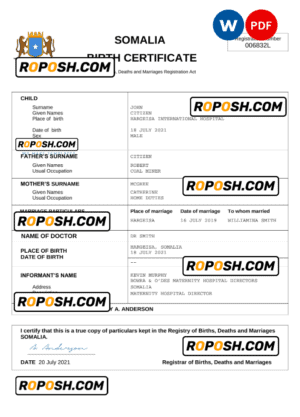 Somalia birth certificate Word and PDF template, completely editable