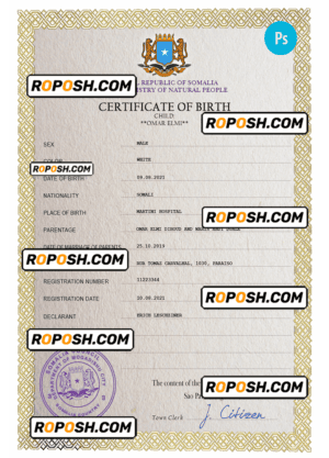 Somalia vital record birth certificate PSD template