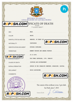Somalia vital record death certificate PSD template, completely editable