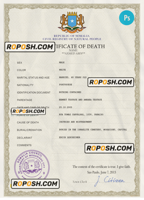 Somalia vital record death certificate PSD template, completely editable scan effect