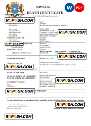 Somalia vital record death certificate Word and PDF template