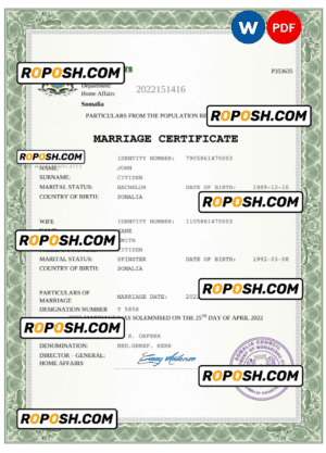 Somalia marriage certificate Word and PDF template, fully editable