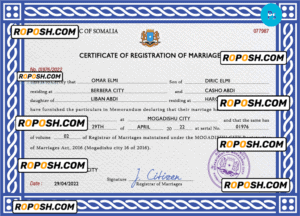 Somalia marriage certificate PSD template, fully editable