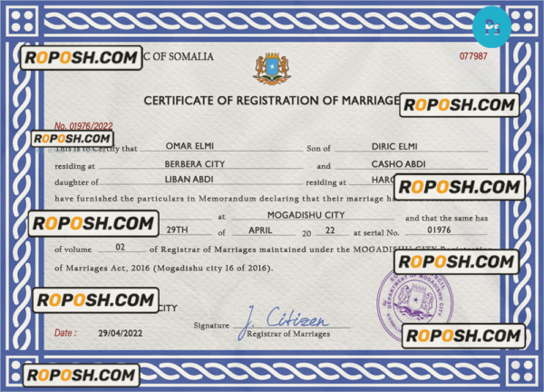 Somalia marriage certificate PSD template, fully editable
