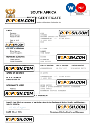 South Africa vital record birth certificate Word and PDF template, completely editable