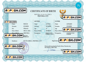 South Africa birth certificate PSD template, completely editable