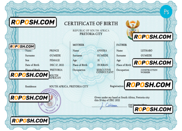 South Africa birth certificate PSD template, completely editable