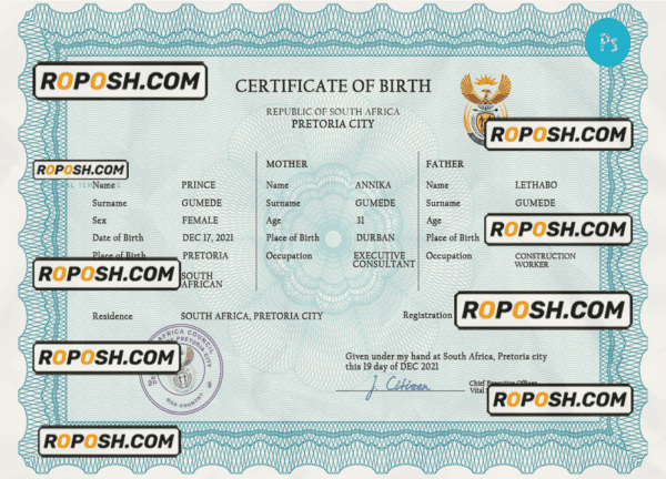 South Africa birth certificate PSD template, completely editable
