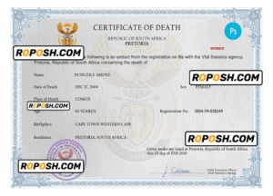 South Africa death certificate PSD template, completely editable