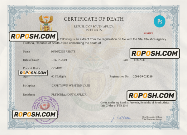 South Africa death certificate PSD template, completely editable scan effect