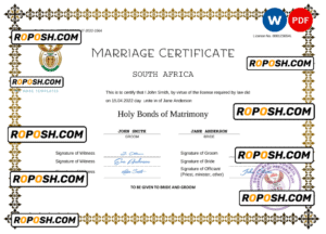 South Africa marriage certificate Word and PDF template, completely editable