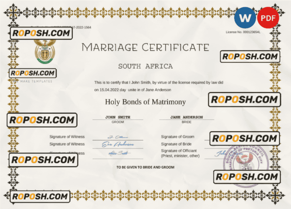 South Africa marriage certificate Word and PDF template, completely editable