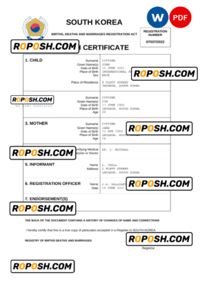 South Korea birth certificate Word and PDF template, completely editable