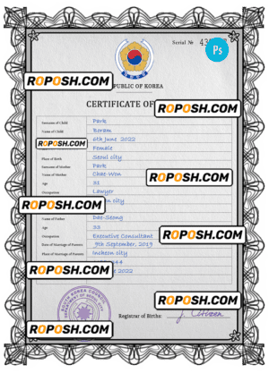 South Korea birth certificate PSD template, completely editable