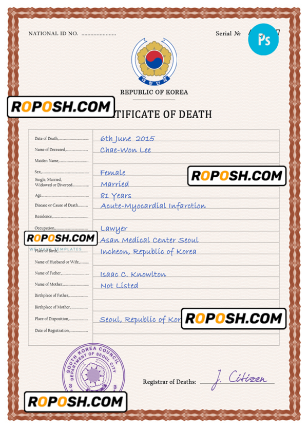 South Korea vital record death certificate PSD template