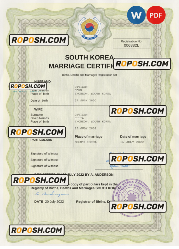 South Korea marriage certificate Word and PDF template, fully editable scan effect