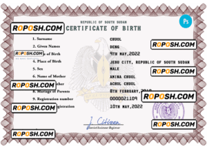South Sudan birth certificate PSD template, completely editable