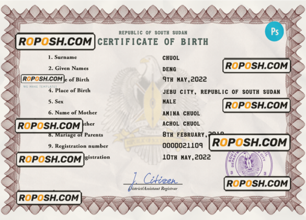 South Sudan birth certificate PSD template, completely editable scan effect