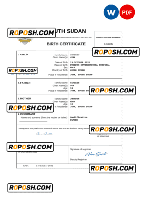 South Sudan vital record birth certificate Word and PDF template, completely editable