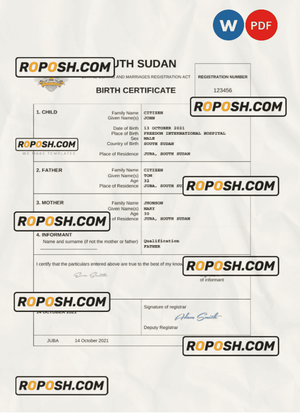 South Sudan vital record birth certificate Word and PDF template, completely editable