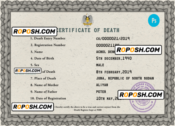 South Sudan death certificate PSD template, completely editable