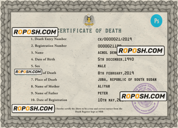 South Sudan death certificate PSD template, completely editable scan effect