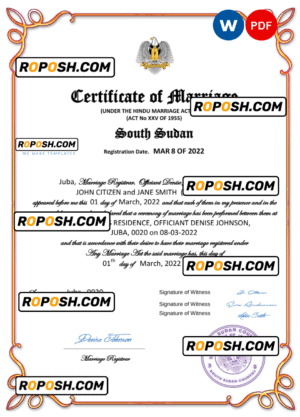 South Sudan marriage certificate Word and PDF template, completely editable