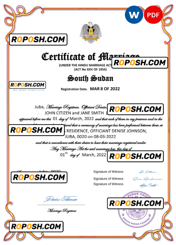South Sudan marriage certificate Word and PDF template, completely editable