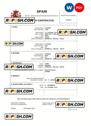 Spain birth certificate Word and PDF template, completely editable